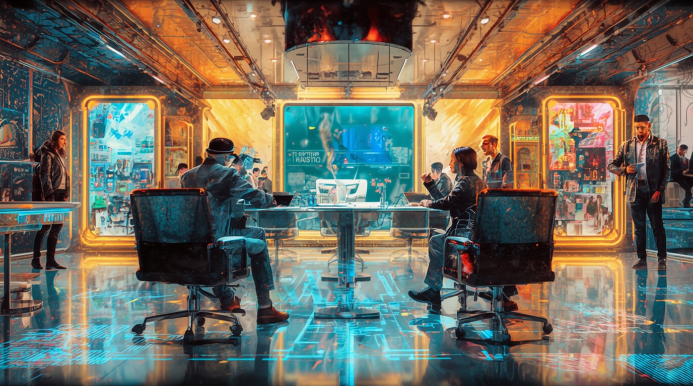 A modern marketing team working with AI-powered data dashboards and attribution models in a vibrant, high-tech workspace